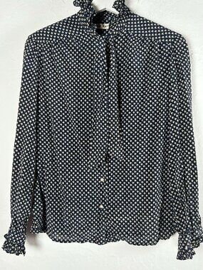 VTG David Hayes Women Tie-Neck Blouse Navy Houndstooth Silk Ruffle Long Sleeve